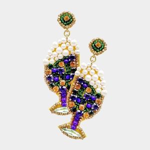 Purple green gold Mardi Gras pearl cluster fashion drop earrings